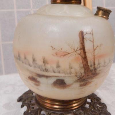 Antique Kerosene Oil Lamp - Cream Glass w/ Painted River Scene