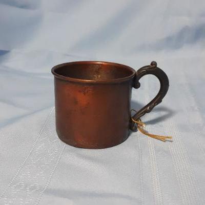 Copper drinking cup with iron ornate handle, 2.5