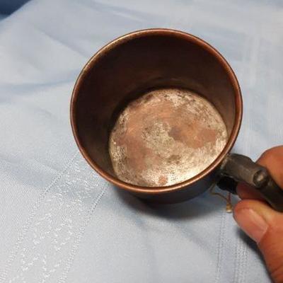 Copper drinking cup with iron ornate handle, 2.5
