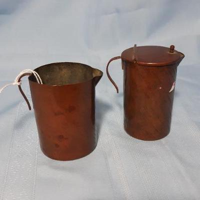 Primitive handmade copper cream and sugar pots