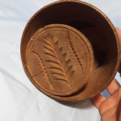 Antique wood butter mold with leaf imprint, stamped PAT APR 17 1866