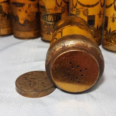 Gorgeous and rare, metal coffee and spice canister set, spices have two part lid