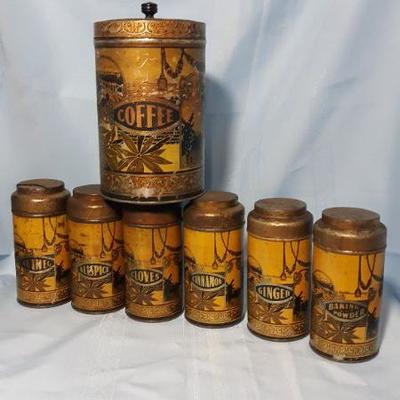 Gorgeous and rare, metal coffee and spice canister set, spices have two part lid