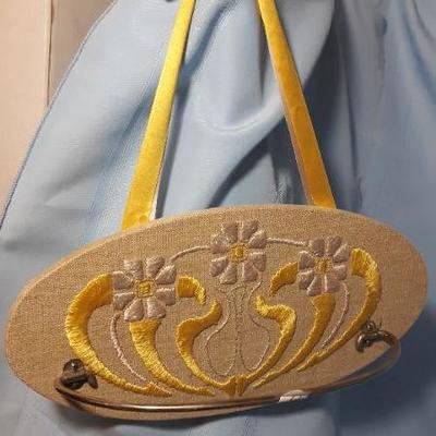 Art deco embroidered wall hanger / rack in EUC, 12