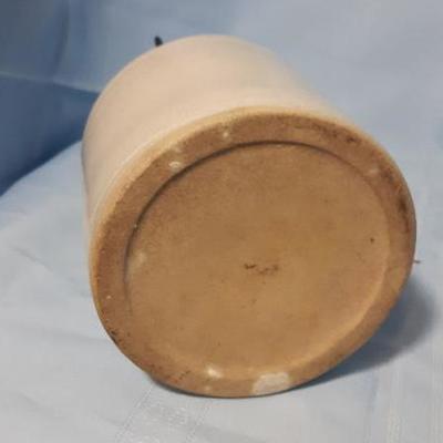 Stoneware cream colored salt jar with lid and working hasp, 7"H