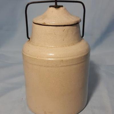 Stoneware cream colored salt jar with lid and working hasp, 7"H