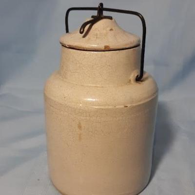 Stoneware cream colored salt jar with lid and working hasp, 7"H