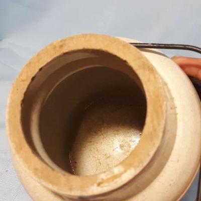 Stoneware cream colored salt jar with lid and working hasp, 7"H