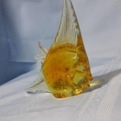 Yellow and clear bubble glass angel fish 5"H