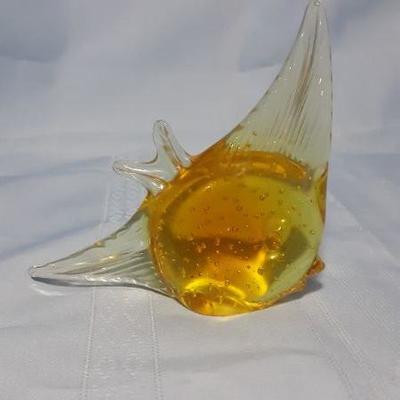 Yellow and clear bubble glass angel fish 5"H