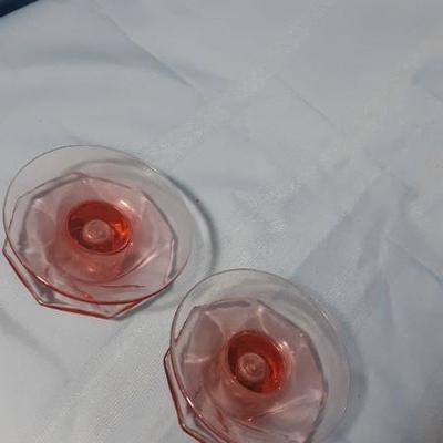 Pink spinning glass low candlesticks, 4"W x 2"H