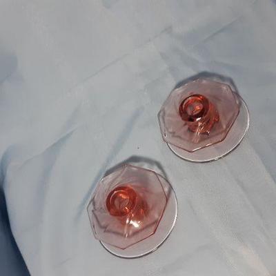 Pink spinning glass low candlesticks, 4"W x 2"H