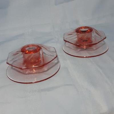 Pink spinning glass low candlesticks, 4"W x 2"H
