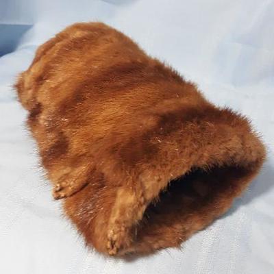 Vintage mink muff, real pelts, satin lined, with feet