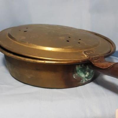 Antique brass bed warmer with wood handle