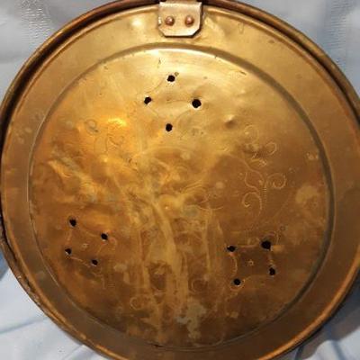 Antique brass bed warmer with wood handle