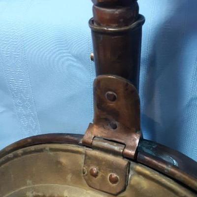 Antique brass bed warmer with wood handle