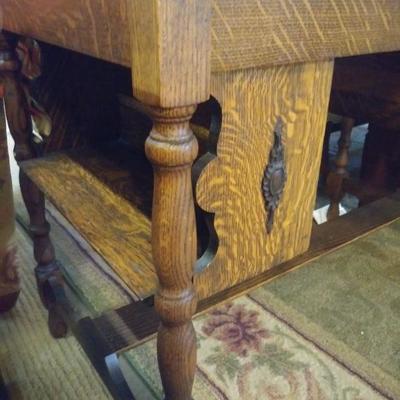 Antique library desk with open shelves on sides, one drawer