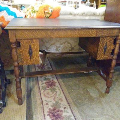 Antique library desk with open shelves on sides, one drawer
