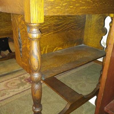 Antique library desk with open shelves on sides, one drawer