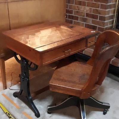 Student School Desk, Antique, Cast Iron adjustable height legs, inkwell