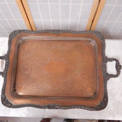 Silver on Copper Engraved Footed Tray with Handles Heavy & Ornate!  