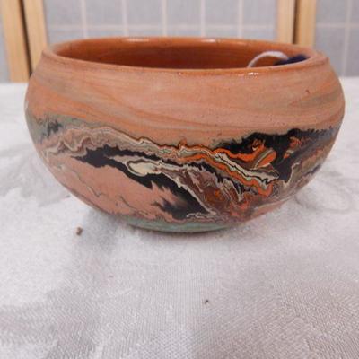 Nemadji Small Bowl Vase  - Orange Clay with Black/Orange/Turq Swirls