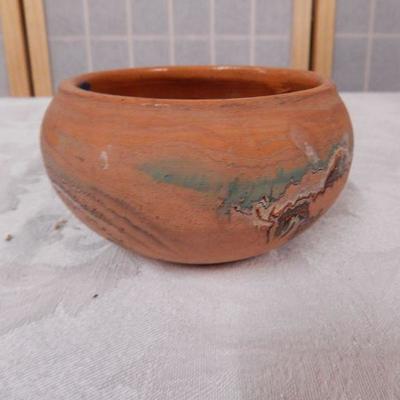 Nemadji Small Bowl Vase  - Orange Clay with Black/Orange/Turq Swirls
