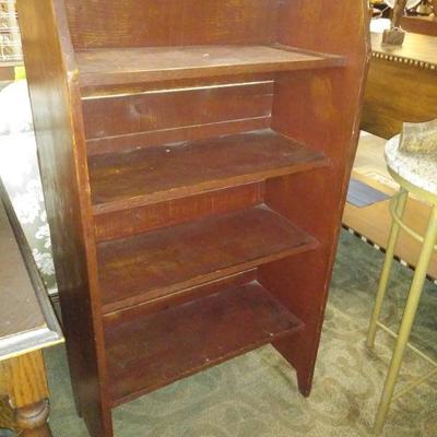Antique pine bookshelf, red stain, sturdy! 45