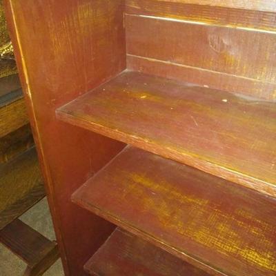 Antique pine bookshelf, red stain, sturdy! 45