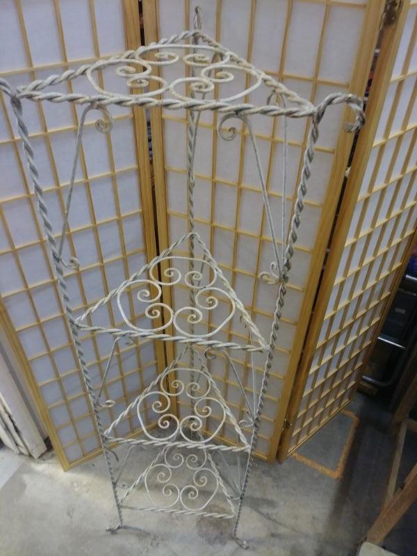 Wrought iron corner shelf, painted white, some rust, very chic