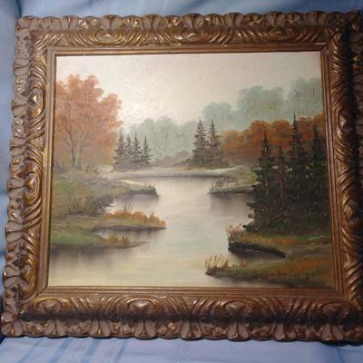 Wood Framed Painting of A River and Trees 20