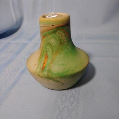Miniature Namadji Vase with Green and Orange Swirls 3 1/2
