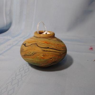 Miniature Namadji Vase with Green, Orange, and Black Swirls