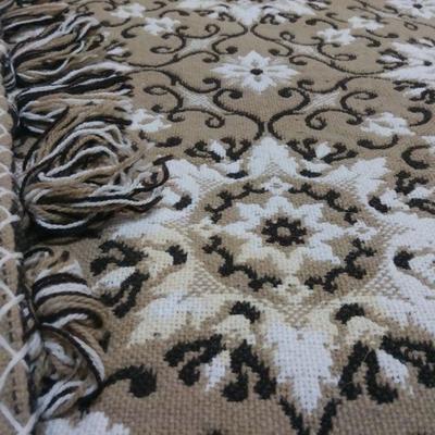 Full Size Tan Woven Comforter With Brown Scrolling and Fringe