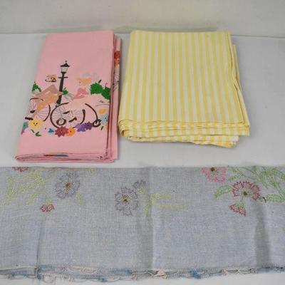 3 Pc Vintage Fabrics: Blue w/ Floral Embroidery, Yellow Stripe, & Pink Painted