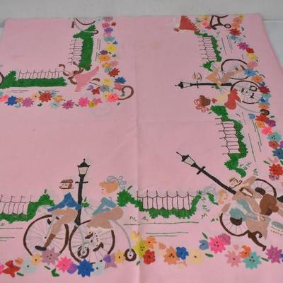 3 Pc Vintage Fabrics: Blue w/ Floral Embroidery, Yellow Stripe, & Pink Painted