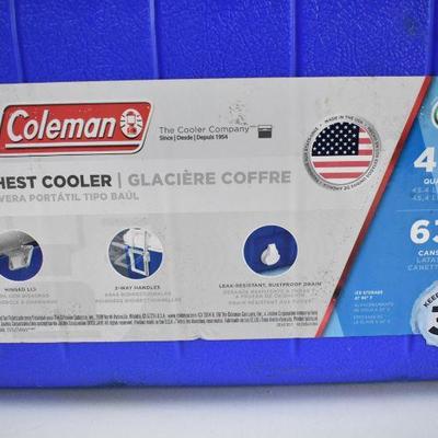 Coleman Chest Cooler 48 Quarts/63 Cans, Blue & White w/ Handles