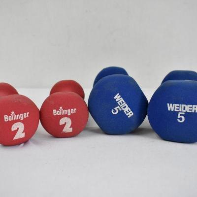 4 Hand Weights: 2 Red Bolinger Two Pounds Each & 2 Blue Weider Five Pounds Each