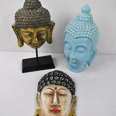 3 Meditating Buddha Head Sculptures: Gold, Turquoise, and Painted Wood