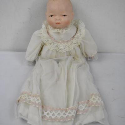 Porcelain Doll in Cream Dress - No Brand Markings