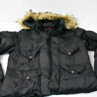 Black Hooded Winter Coat by Anne Klein, Size Large, Faux Fur on Hood