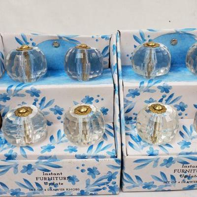 2 Sets of 4 Drawer Knobs, Glass & Gold, Quantity 8 - New