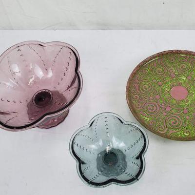 3 Glass Dishes, 2 Pedestal Bowls (Dusty Purple/Blue) Pedestal Tray Pink & Green