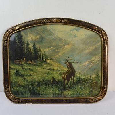 Framed Nature Scene: Mountains/Trees/Animals, Rounded Top Frame - Vintage