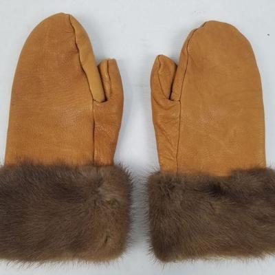 Leather Wool & Fur Mittens Pair - ~Medium