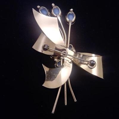 Sterling/ Opal Flowers Tied with a Bow Coro Brooch 3"L x 2"W