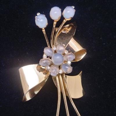 Sterling/ Opal Flowers Tied with a Bow Coro Brooch 3"L x 2"W