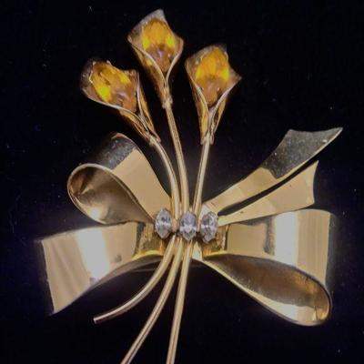 Sterling Silver Amber Glass and Rhinestone Brooch 3 1/2"L x 2"W