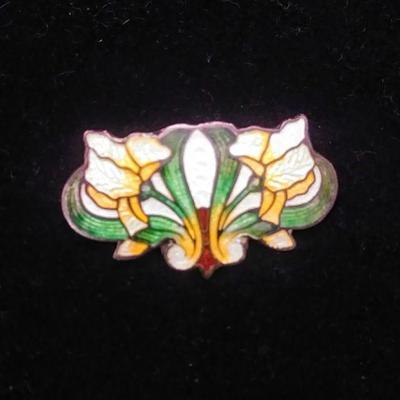 Sterling Silver and Enamel Art Noveau Brooch 3/4"L x 1 1/4"W